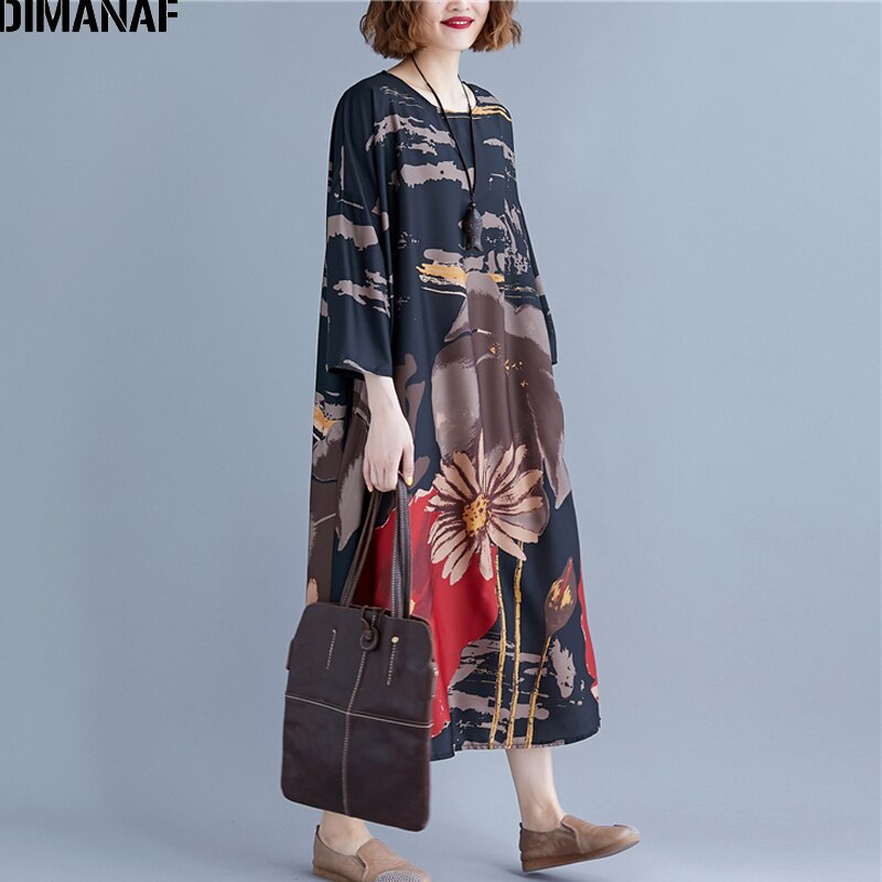 DIMANAF Plus Size Vrouwen Jurk Print Herfst Vintage Vestidos Chinese Stijl Elegante Vrouwelijke Lady Lange Mouwen Oversize Losse Jurk: 5XL