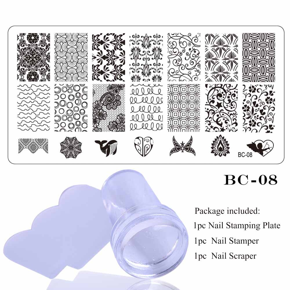 1 sæt blonde stempelplade til nail art blomst 3d overførselstryk stencil stamper skraber manicure stempel værktøj chbc 01-20: Bc08