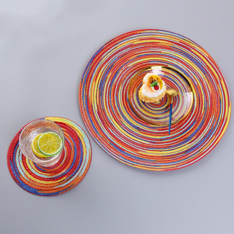 Regenbogen Farbe Tischset Schüssel Satin- Gefärbt Ramie Baumwolle Garn gewebte Tasse Pad Runde Platte matt Individuelle Mantel Esszimmer Untersetzer einstellen