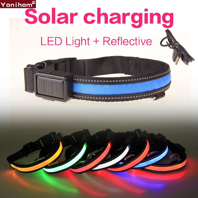 Hondenhalsband van nylon, lichtgevende zonne-led-hondenlamp, nachtveiligheid, gloeiend, knipperend led-hondenhalsband, oplaadbare led-hondenhalsband