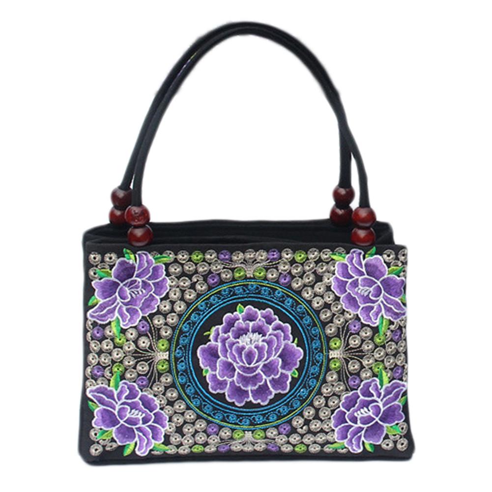Women's Tote Bag - Floral Embroidered Canvas - Zipper Closure - Shoulder Top-Handle - Vintage Style: E