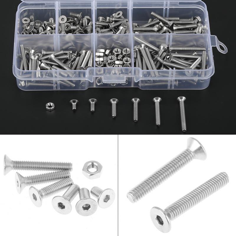 260Pcs/Lot M3 304 Stainless Steel Flat Head Screws Hex Socket Screw Bolts Nuts Kit With Box Assortment Kit nuts and bolts