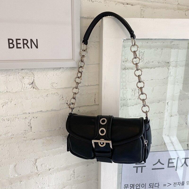 Luxury Brand Vintage Lady Chain Handbag PU Leather Underarm Tote Bags Crossbody Bags Small Women Shoulder Bag: Black