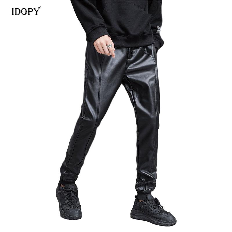 Idopy Men`s Autumn Faux Leather Joggers Harem Pants Hip Hop Ankle Cuffed Elastic Waist Drawstring PU Stretchy Trousers For Male: M