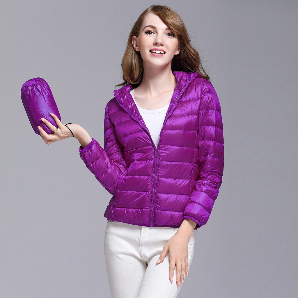 Winter Coat Women Ultra Light Down Jacket White Duck Down Hooded Jackets Parka Casual Female Long Sleeve Solid Outwear Coat: Purple / M