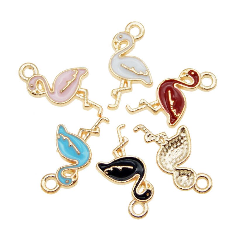 Julie Wang 10PCS Enamel Flamingo Charms Mixed 5 Colors Small Bird Animal Pendants Alloy Gold Tone Jewelry Making Accessory