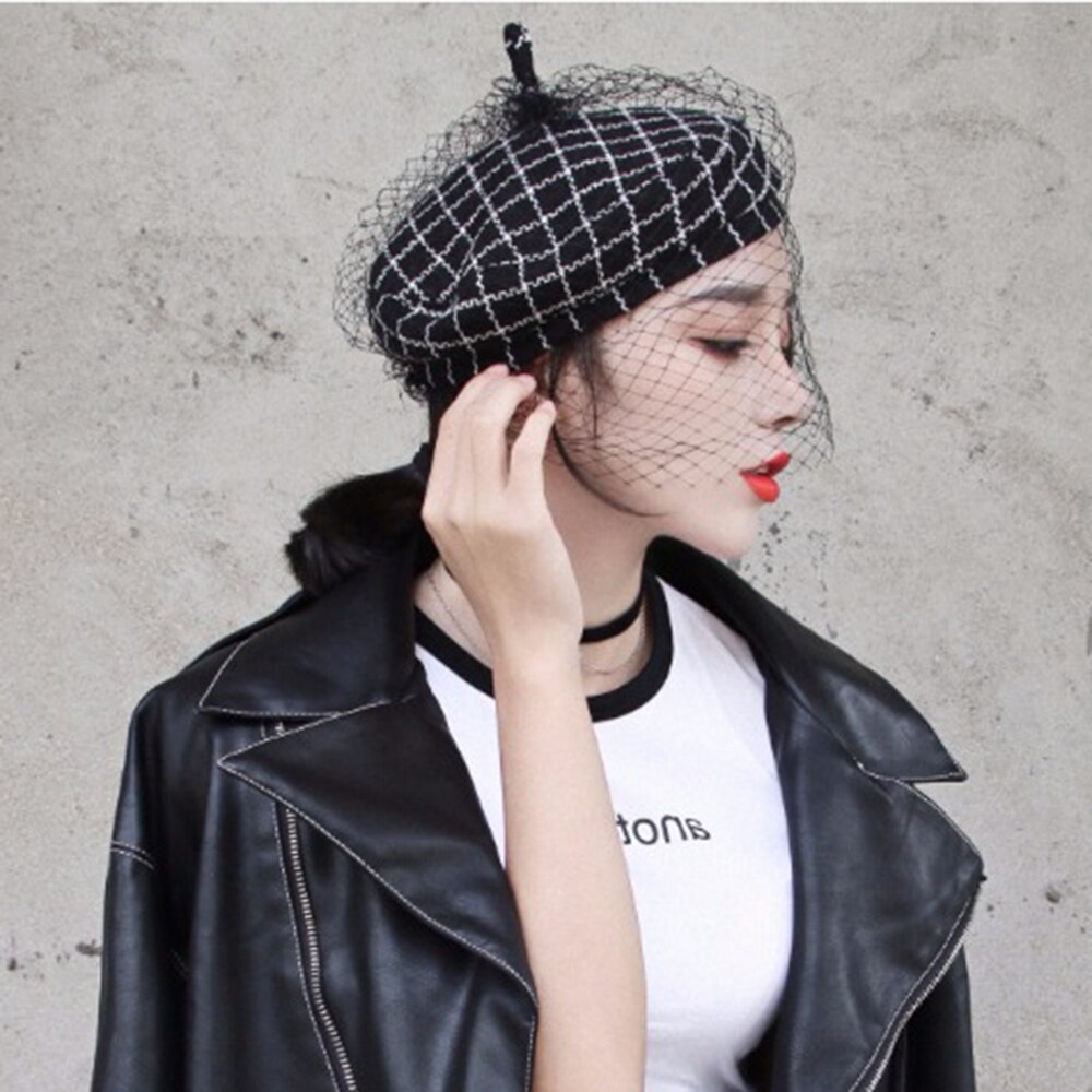 JOEJERRY Wol Baret Vrouwelijke Franse Hoed Tweed Baret Plaid Hoed met Sluier Voor Bruiloft