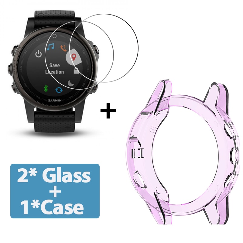 2 + 1 caso protetor de tela para garmin fenix 5 5S 5x relógio inteligente tpu macio capa protetora escudo filme vidro temperado: ROXO / Garmin fenix 5