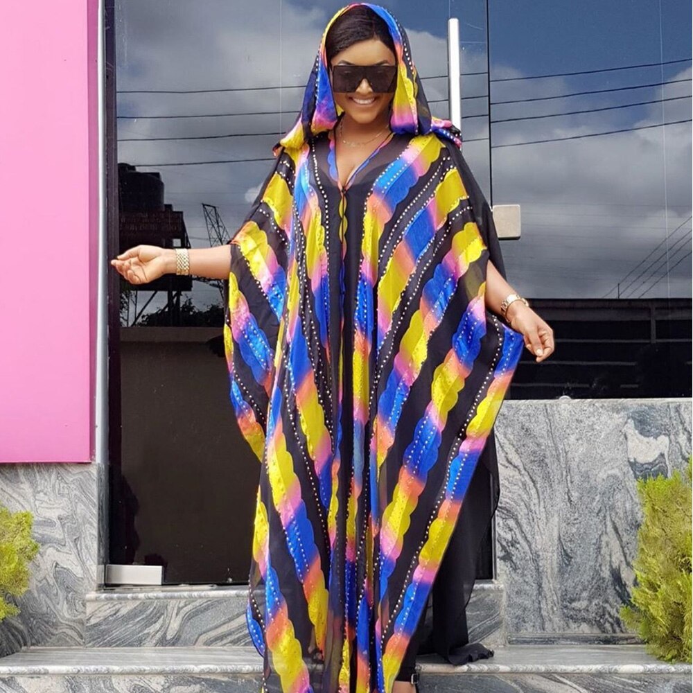 Women Dashiki African Stripe Print Maxi Dress Loose Cloak Chiffon Party Nigeria Clothes Kaftan Robe Muslim Abaya Hijab Dress