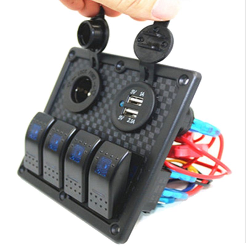 Auto Boot Rocker Switch Panel 4 Gang Schakelaars LED Dual Auto USB Lader Kleurrijke 12 v Voltmeter voor Auto boot Switch Panel