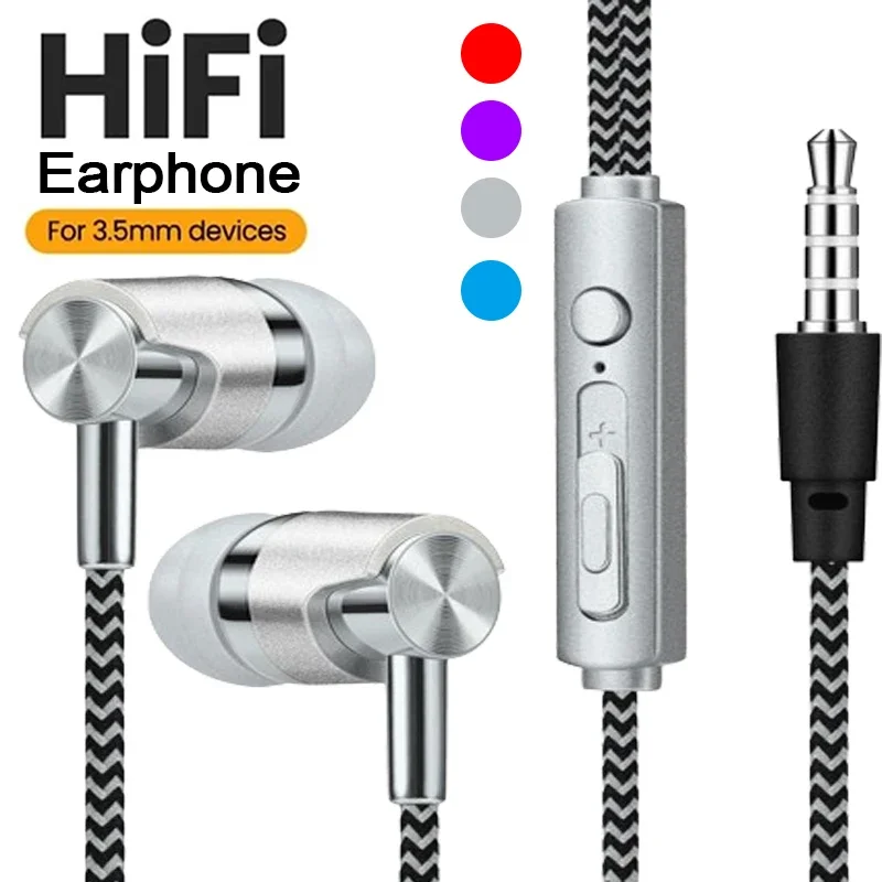 3,5 mm in-ear stereo oordopjes hoofdtelefoon bedraad nylon geweven kabel oortelefoon headset met microfoon voor telefoons tablet laptop universeel
