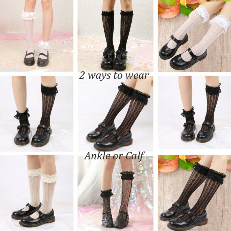 Meninas adorável lolita rendas floral meias plissado macio plissados elástico fishnet curto tornozelo meias preto branco