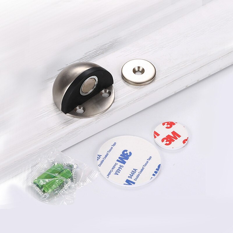 Rustfrit stål magnet dør stopper gummi dør prop anti-kollision træ toilet dør holder lås dørstop møbler hardware: Børstet sølv