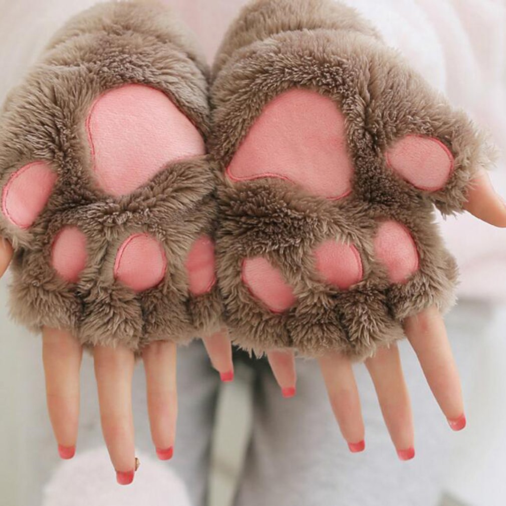 Gants chauds sans doigts en peluche, griffes d'ours moelleuses / pattes d'animaux de chat, doux, chauds, jolis gants mignons à moitié recouverts de doigts pour filles