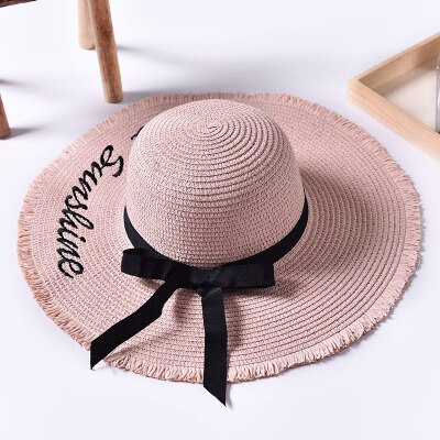 Håndlavet vævning brev sol hatte til kvinder sort bånd snøre op store randen stråhat udendørs strand hat sommer hætter chapeu feminino: 1