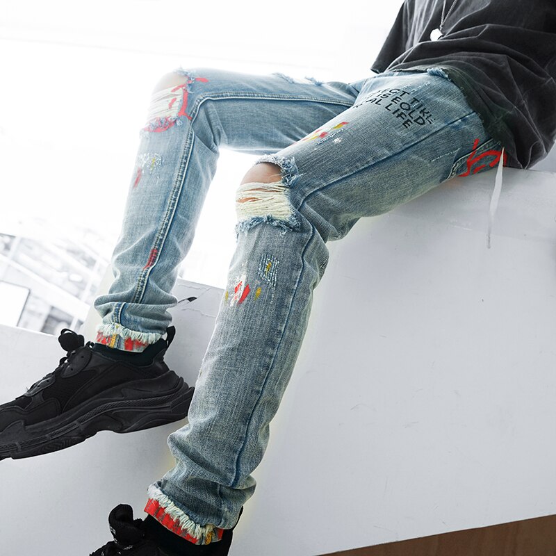 3XL Plus Size Heren Broek Brief Afdrukken Gat Slanke Jeans Broek Streetwear Hip Hop Ripped Jeans Voor Mannen Verontruste Denim broek