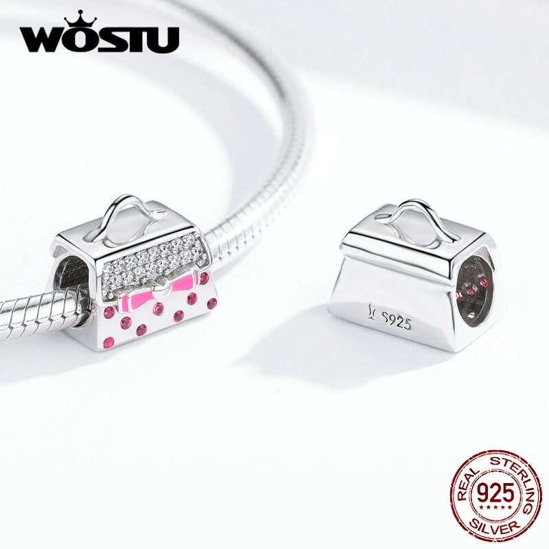 WOSTU la moda Argento sterlina 925 Sacchetto di Mano di Perline Rosa Zircone Bowknot Pendenti E Ciondoli in forma Originale Braccialetto Del Pendente Dei Monili Delle Ragazze di CQC1391