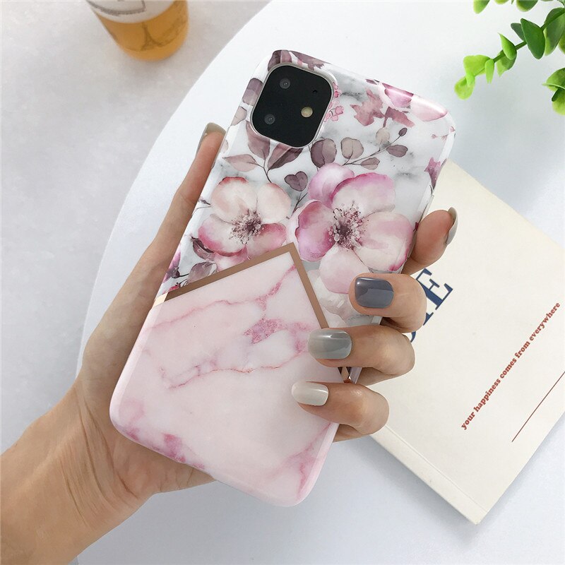 USLION Electroplate Marble Flower Phone Case For iPhone 11 Pro Max X XS XR Xs Max Cases For iPhone 6 6s 7 8 Plus Soft IMD Cover: For iPhone 11Pro Max / T2