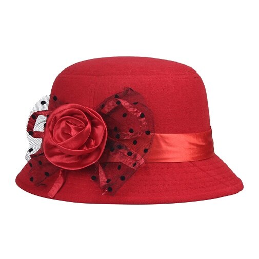 LNPBD – chapeau en feutre de laine pour femmes, couleur unie, rétro, Vintage, seau, automne, hiver: Red 01
