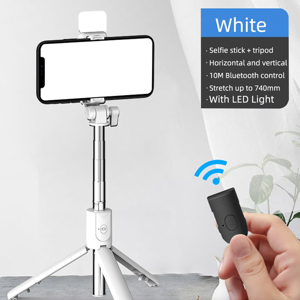 Wireless bluetooth selfie stick foldable mini tripod with fill light shutter remote control Self-Timer Rod Stick: White with led