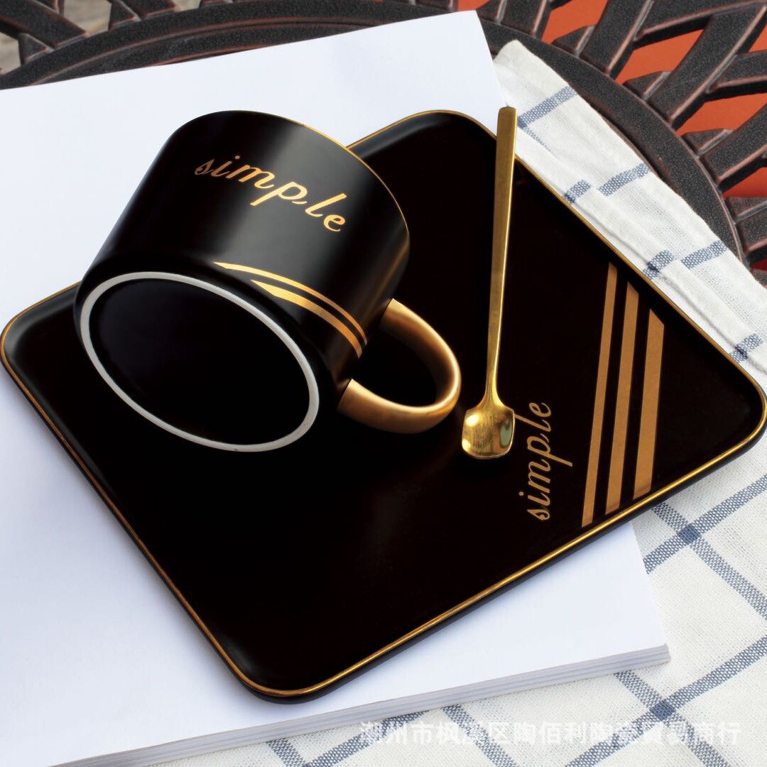 Porcelain Coffee Cup Simple Gold Rim Luxury Breakfast Arabic Coffee Set With Spoon Black Tazas Cafe Home Garden BE50CU: black