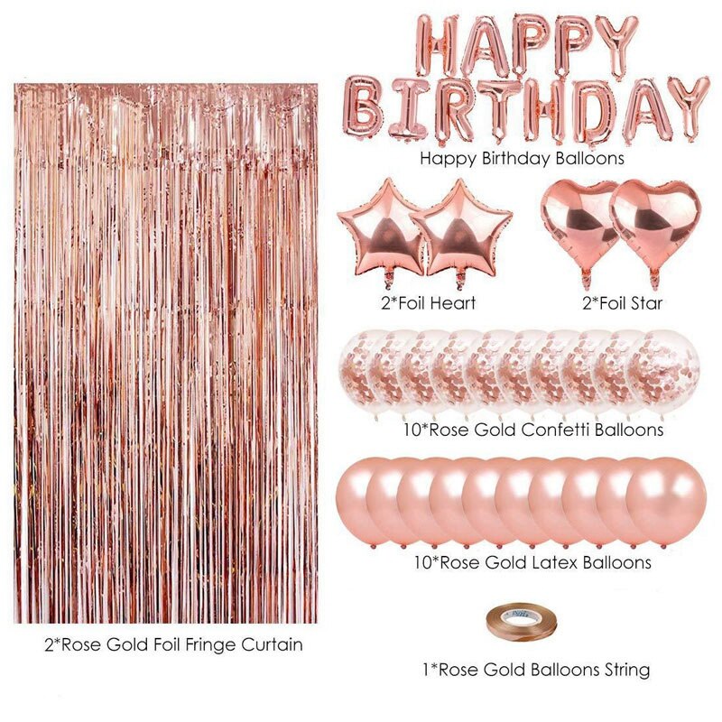 28Pcs Rose Gold Birthday Decoration Set Letter Happy Birthday Balloon Rain Silk Curtain Birthday Party Decor Balloon