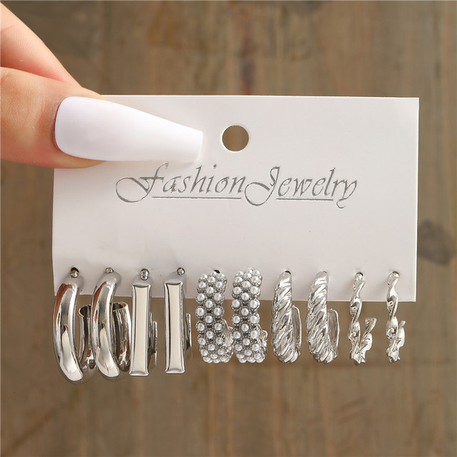 Silver Color Pearl Twist Hoop Earrings Set For Women Jewelry pendientes Vintage Circle Geometric Dangle Earrings Trendy: Rhodium Plated