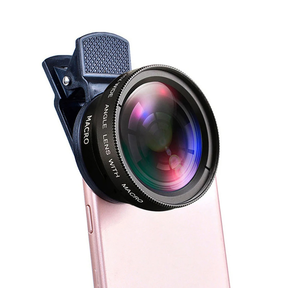 Professionele 2-in-1 universele lensclip 37mm telefoonlens 0.45x 49uv supergroothoek + macro HD-lens voor alle smartphones: zwart