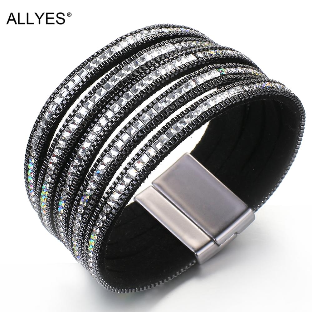 ALLYES Boho mehrschichtig Schwarz Leder Armbänder für Frauen Strass Bunte Kristall glänzend Breite wickeln Armbinde Party Verein Schmuck