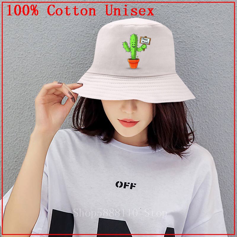 Chapeau Bob - Imprimé Cactus Free Hugs - Dessus Plat Décontracté - Coton Unisexe: Gris / Adulte