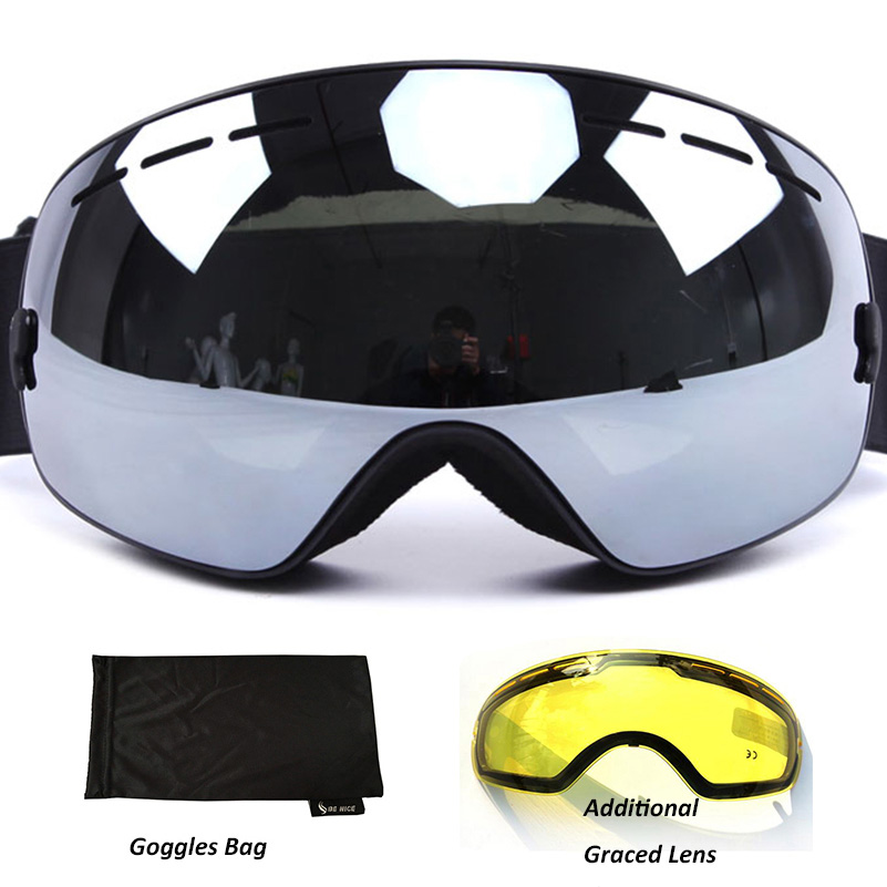 Anti-fog Ski Goggles UV400 polarized Ski Glasses Double Lens Skiing Snowboard Snow Goggles Ski Eyewear With case for Man women: silver