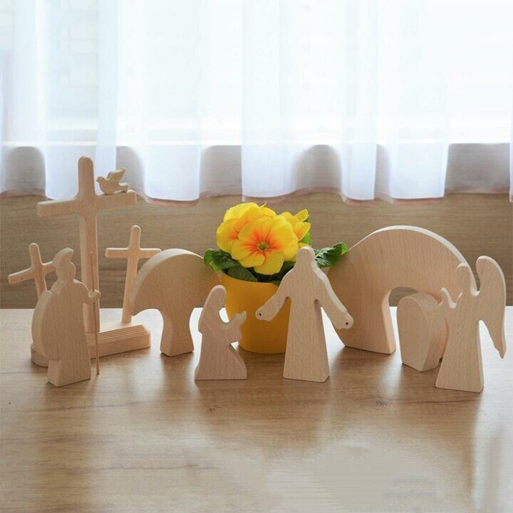 Scène de résurrection de pâques, décoration en bois, décor de pâques, croix en bois, décor de nativité en bois, œufs