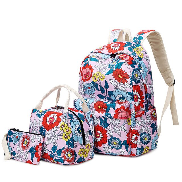 Waterdichte Bloem Afdrukken Schooltas Voor Tieners Meisjes Nylon Tas Set Vrouwen Rugzak Lunchbox Student Boek Tassen: Roze