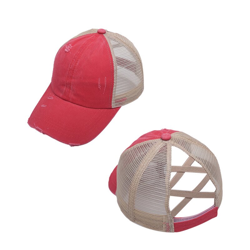Afslappet unisex sol hat criss cross hestehale sommer trucker mesh udendørs sport baseball cap rejse justerbar bærbar: Rød