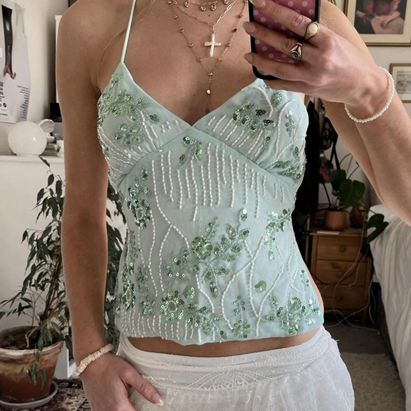 Sequin Beaded Crop Tops Coquette Multi-layers Sleeveless Camis Sparkly Glitter Tank Top Women Y2k Fiary Going Out Vest: S / Gold