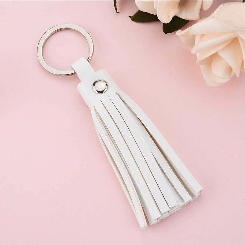 Läder tofs nyckelring väska bil charm nyckelring diy hänge sommar tillbehör kvinnor smycken: Vit
