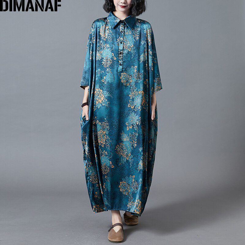 Dimanaf plus size kvinder kjole dame vestidos vintage tøj silke løst afslappet print blomstret maxi kjole efterår 5xl 6xl