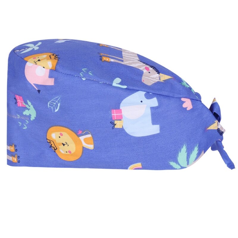 Dokter verpleegkundige katoenen werkmuts met zweetband verstelbare strik op de rug schattig cartoon dierenpatroon kalebasvormige bouffant scrub hoed h: -l