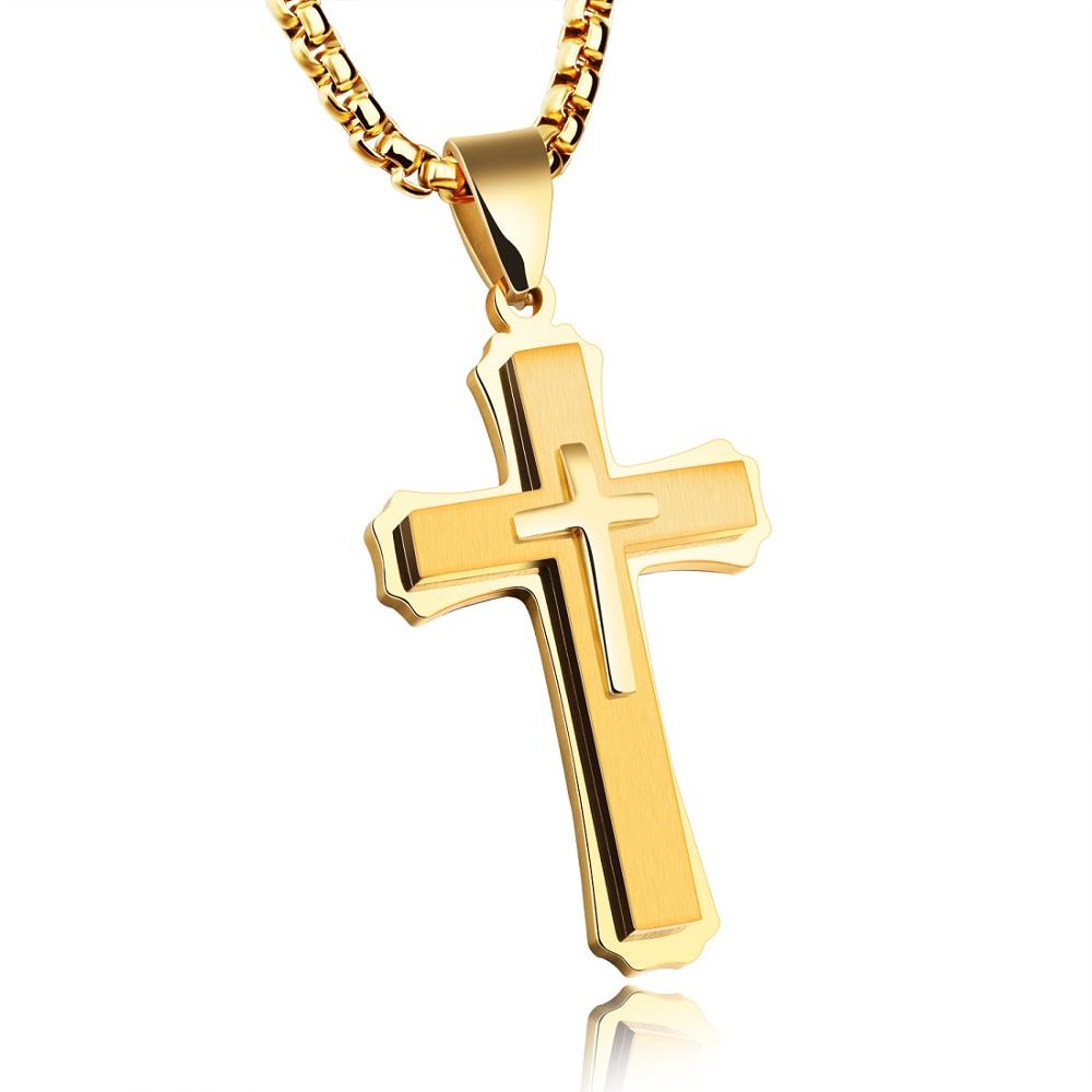 FATE LOVE Brand Statement Cross Necklaces & Pendants for Men Male Punk Stainless Steel Chain jewelry silver color golden: Golden