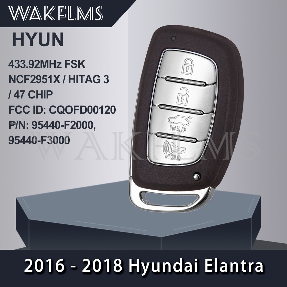 For Hyundai Elantra Smart Car Key 433.92MHz Fsk NCF2951X 47 CHIP FCC ID CQOFD00120 P/N 95440-F2000 95440-F3000