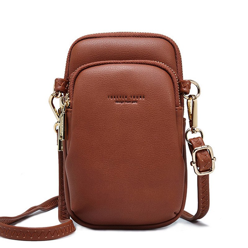 Small Shoulder Bag For Women Cell Phone Pocket Ladies Crossbody Bags Pu Leather Female Mini Messenger Purse: Brown