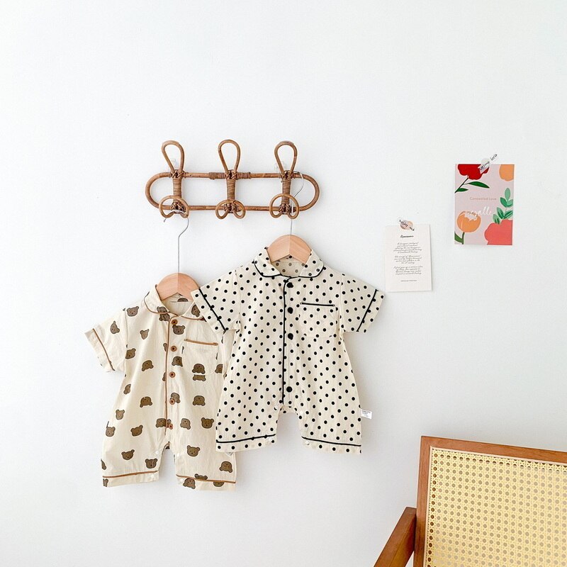 2022 Zomer Koreaanse Stijl Baby Meisje Jongen Romper Beer Dot Korte Mouwen Turn-Down Kraag Jumpsuit Kind Kleding e2375