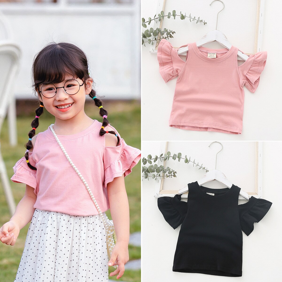 Zomer Leuke Meisjes T-shirt Ruches Off Shoulder Effen Kleur Flouncing Korte Mouw Ronde Kraag Top Kinderen