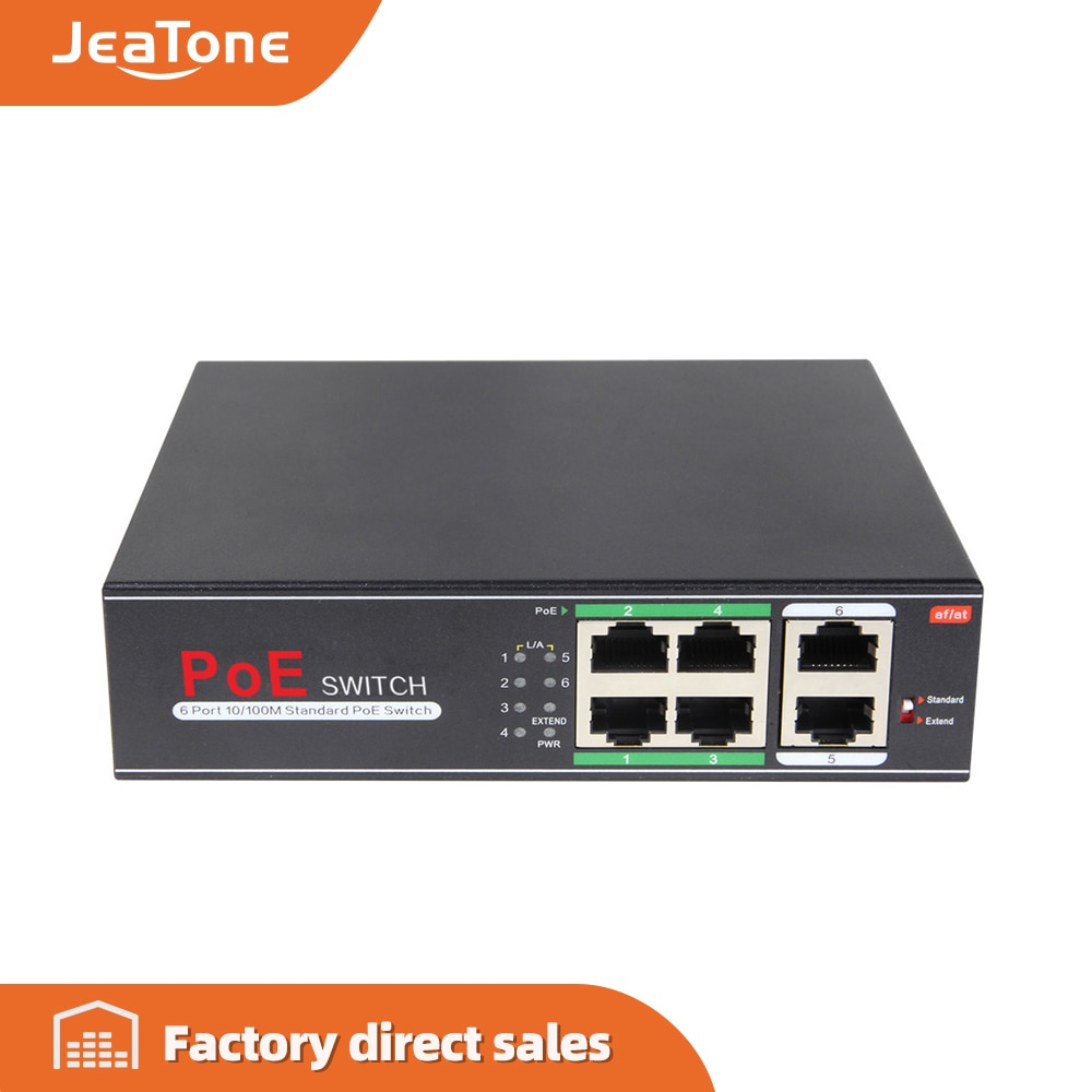 Jeatone 48V 6-Poort 10/100/M Netwerk Poe Switch Ethernet Ieee 802.3af/Bij Geschikt Voor Ip Camera/Draadloze Ap/Cctv Camera 250 M