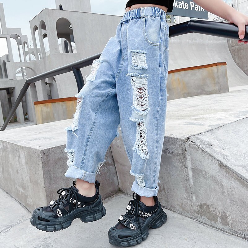 Nuovi Jeans strappati alla moda 2021 per ragazze pantaloni in Denim 4-14 anni bambini coreani adolescenti pantaloni larghi a matita abiti estivi