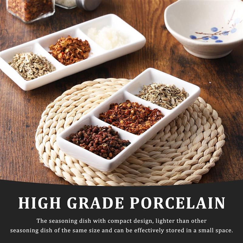 2pcs 6 Inch Ceramic 3-Compartment Appetizer Serving Tray Rectangular Divided Sauce Dishes Vinegar Seasoning Plate Kitchen Tools