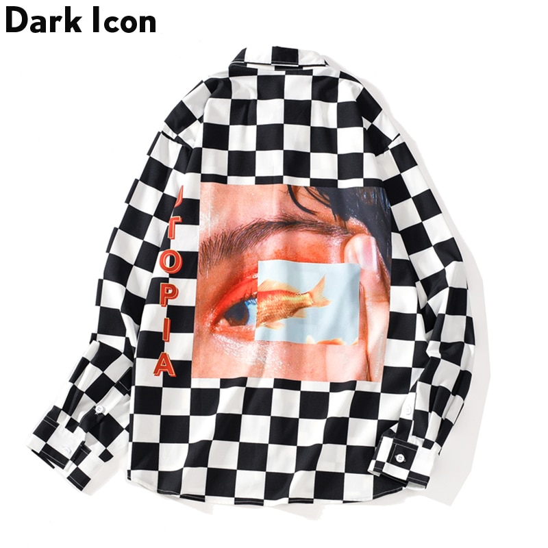 Dark Icon-camisetas a cuadros con estampado interesante para hombre, camisas de manga larga Oversize a cuadros, ropa de calle, camisas Hipster, otoño
