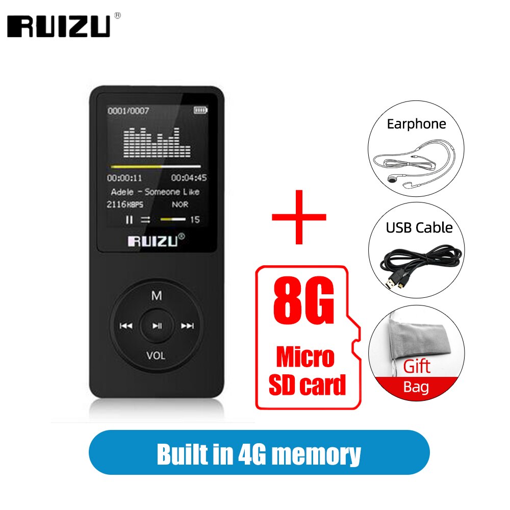 RUIZU X02 lettore MP3 ultrasottile con schermo Mini lettore musicale 4G supporto Radio FM registratore vocale E-book lettore Audio Video Walkman: Black 8G TF Card