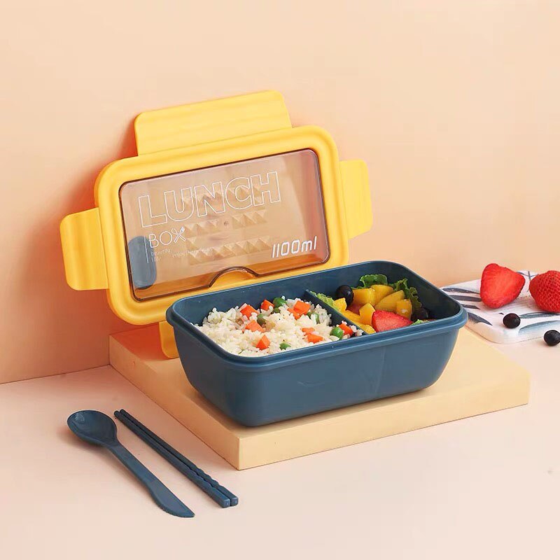 2020New Microwave Lunch Box with Compartments Portable Bento Box Japanese Style Leakproof Food Container for Kids with Tableware: Blue