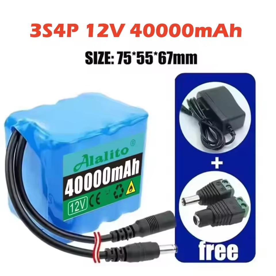 12V 50Ah 18650 Lithium Battery Pack 3S5P Rechargeable Battery with BMS 12.6v Charger for Fishing Bicycle Large Capacity Battery: Ivory